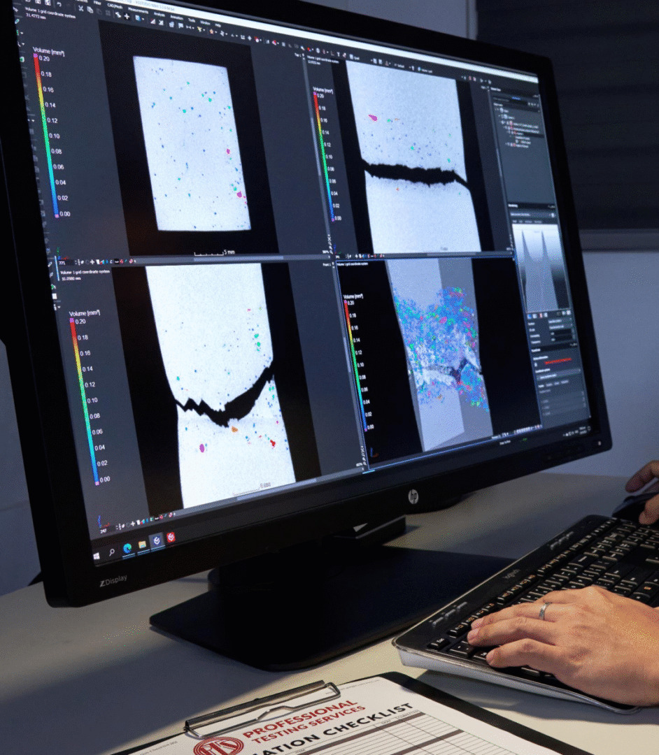 Results of a sample material’s 3D x-ray computed tomography, shown on screen.