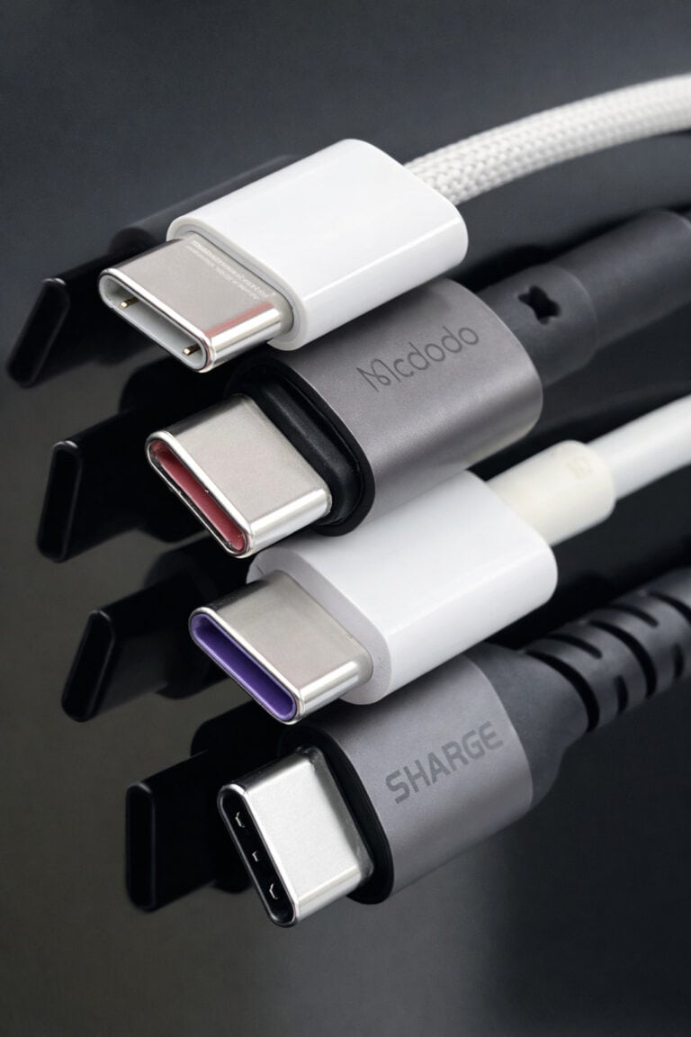 Close-up of several USB-C cables. An X-ray comparison can reveal their internal structures.
