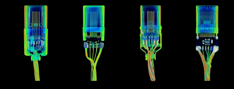 X-ray comparison of various USB-C cables by Apple, Mcdodo, Sharge, and an unlisted brand.