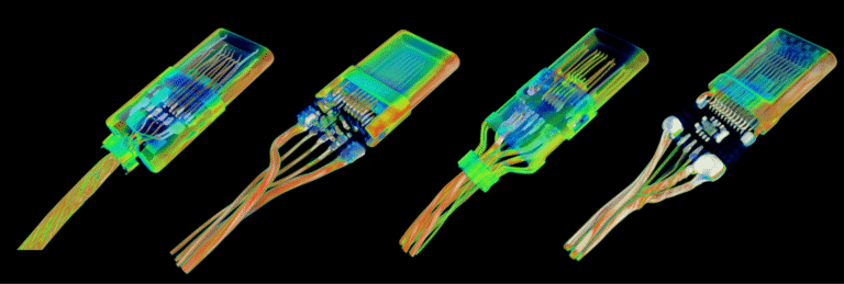 (From left to right) X-ray comparison of USB-C cables by Apple, Mcdodo, a generic brand, and Sharge.