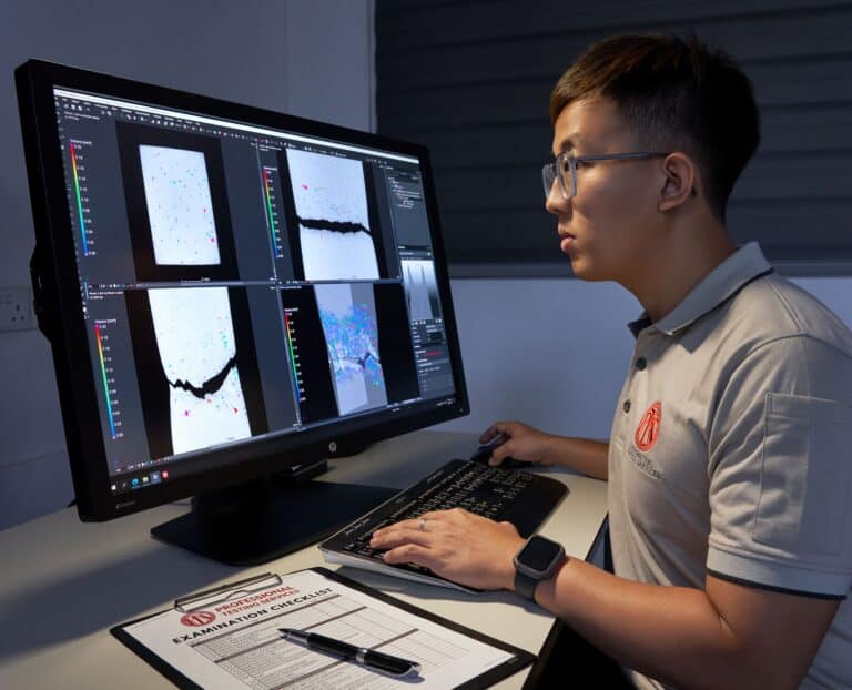 A PTS technician monitoring results during a 3D scanning procedure for part inspection in Singapore.