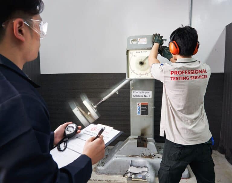PTS technicians conducting a Charpy impact test on a steel sample using a Charpy impact machine.