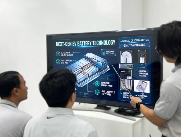 A PTS engineer reviewing EV battery inspection requirements with a Singapore-based industry team.